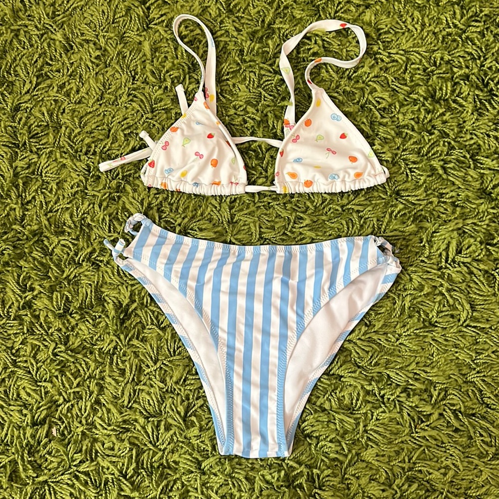 LA hearts bikini top with striped bottoms